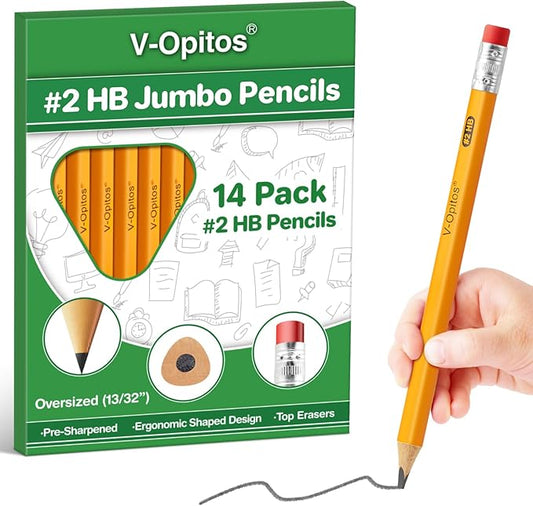 V-Opitos 14 Pack Jumbo #2 HB Pencils for Kids, Triangle Shape Pre-sharpened Wood-Cased Pencil with Top Eraser, Toddler First Pencils, Ideal Home, Kindergartens, School Classroom Supplies