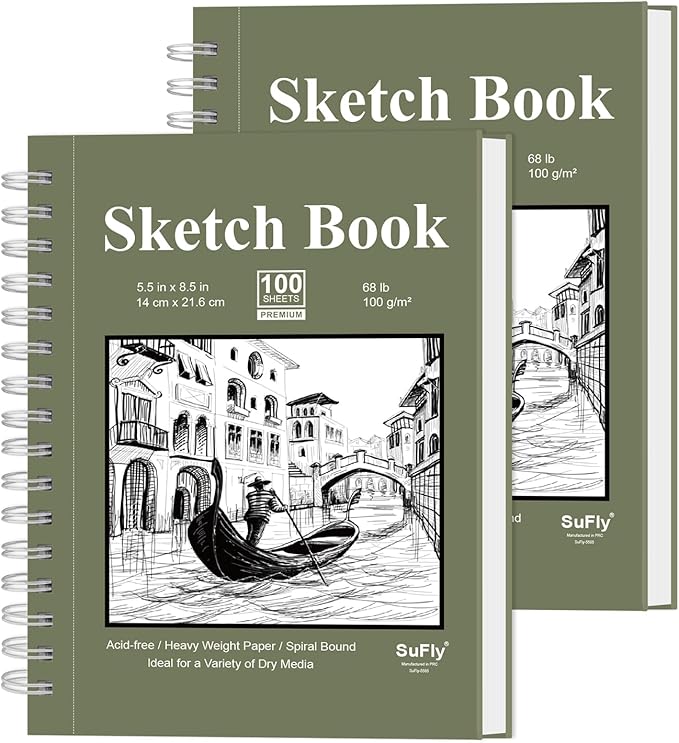 SuFly Small Sketch Book 5.5"x8.5", 2-Pack Mini Sketchbook, Spiral Bound Sketchbook Hardcover with 200 Sheets of 68lb/100gsm Mini Drawing Pad Paper, Small Sketch Pads for Drawing for Adults & Kids.