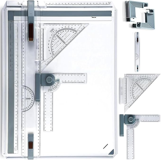A3 Portable Drawing Table Board with Clear Rule Parallel Motion and Angle Adjustable Measuring System, Multi-Function Metric Drawing Board Drafting Table for Engineering Students