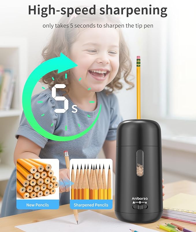 Automatic Electric Pencil Sharpener - Auto Feed, Auto Stop & Auto Eject, Rechargeable for Classroom, Home, School, Office, Black