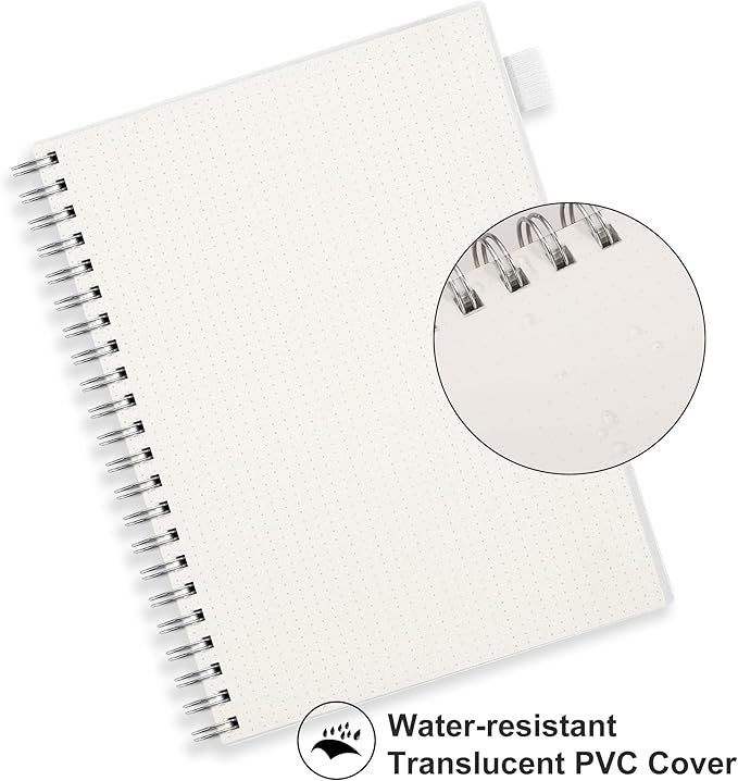 RETTACY Dotted Journal Notebook, 300 Pages, A4 Large Size (8.2'' × 11.2''), 100 GSM Thick Paper, Flexible Plastic Cover, Spiral-bound, for Journaling, Planning, Tracking (Transparent)