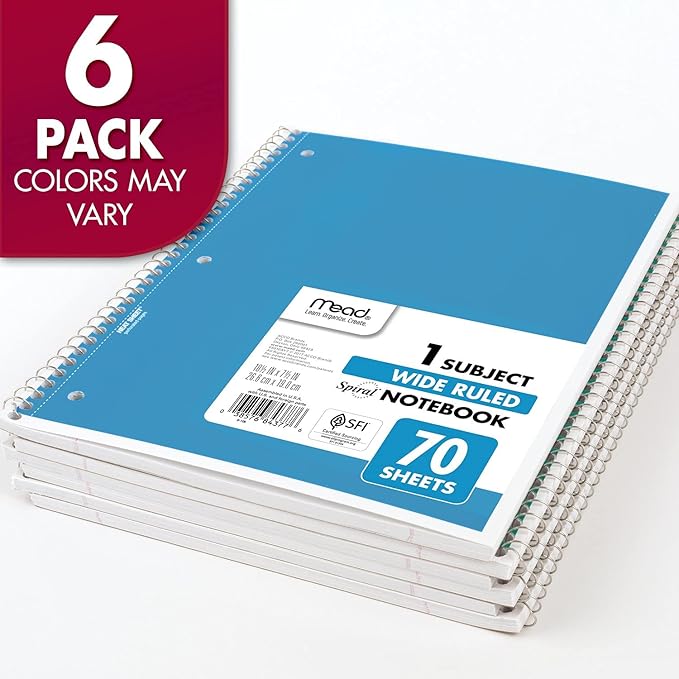 Mead Spiral Notebook, 1 Subject, Wide Ruled Paper, 7-1/2" x 10-1/2", 70 Sheets per Notebook, Colors Will Vary (930201-ECM25) (Pack of 24)