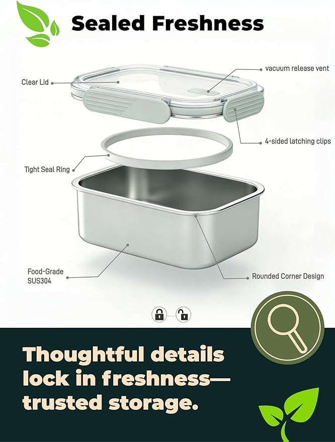 Stainless Steel Food Storage Containers with Leak-Proof Latching Lid, Reusable Bento Lunch Box for Snacks & Meal Prep, Oven/Dishwasher/Freezer Safe, Silver, 44oz