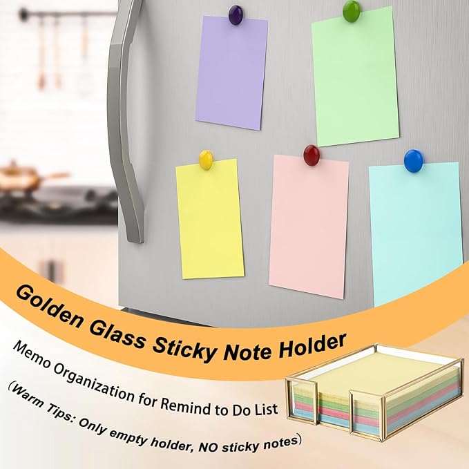 BTSKY Golden Glass Sticky Note Holder for 4x6 Inch Sticky Notes, Elegant Post It Note Dispenser with Non-Slip Pads Clear Notepad Holder for Desk Organization Planning, Home Office Decor