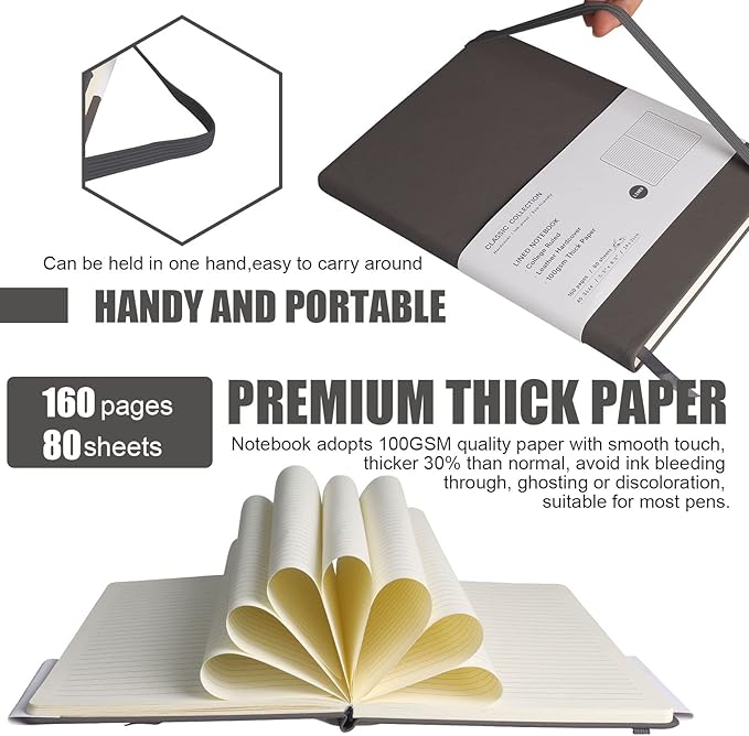 Lined Journal Notebook – Hardcover Notebook for Men & Women – Journals for Writing, Work, School, Home & Daily Notes, 160 Pages – Medium A5, 5.7"x8", 100 gsm Thick Paper (Dark Gray)