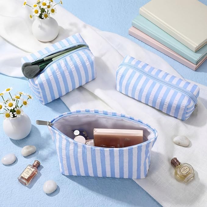 Huhumy 3 Pcs Makeup Bag Set Cute Cosmetic Pouch for Women Aesthetic Seersucker Travel Toiletry Bag Set Preppy Small Makeup Purse Pouch Wide Stripe Cosmetic Organizer Pencil Case with Zipper(Blue)