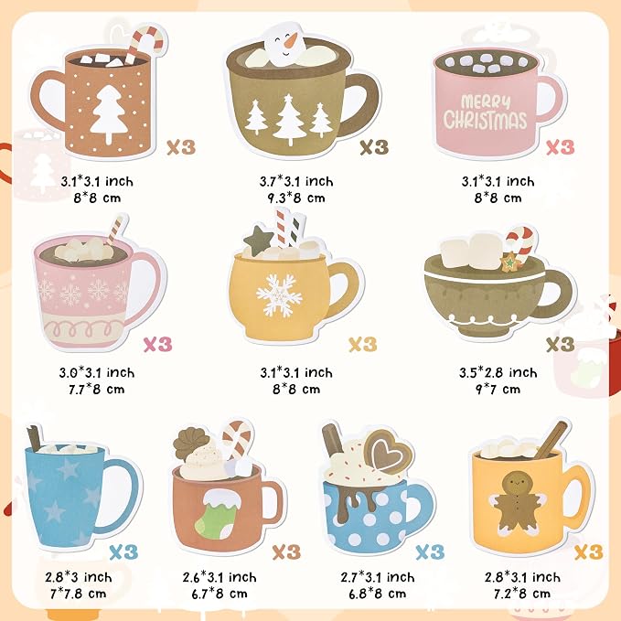 Xqumoi 30 Pack Hot Cocoa Sticky Notes - Christmas Self Sticky Notepads Writing Memo Pads Hot Cocoa Lover Office School Supplies Xmas Winter Holiday Birthday Gift Goodies Bag Fillers