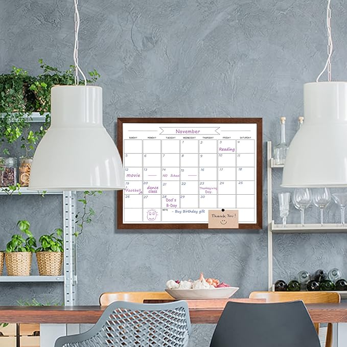 Dry Erase Monthly Calendar Whiteboard, Magnetic Whiteboard for Wall, Hanging Board for Office, Home School, Solid Pine Wood Walnut Brown Framed Message Board, 13"x 17"(YL-WB-3343-B)