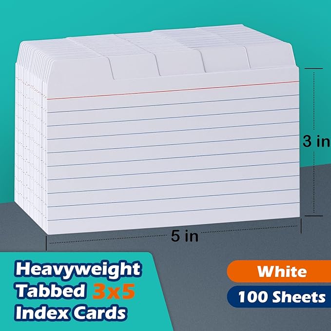 100 Pack Tabbed Index Cards 3x5 Lined Index Card Dividers with Tabs 3" x 5", White, 220 GSM Thick Paper