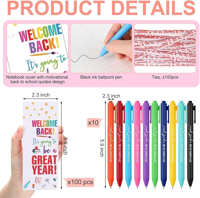 MotiMind 100 Set Welcome Back To School Supplies Gift Bulk Include Greeting Card with Tie and Inspirational Ballpoint Pen First Day of School Gift for Student Classmate Teacher Classroom (Vivid Color)