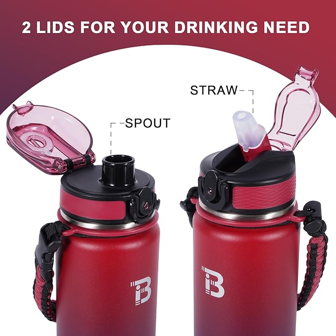 TOPBADE 32oz Insulated Water Bottle with Straw Lid & Spout Lid & Paracord Handle, Stainless Steel Water Bottle Wide Mouth, Double Wall for Women Men Gym Fitness Outdoor