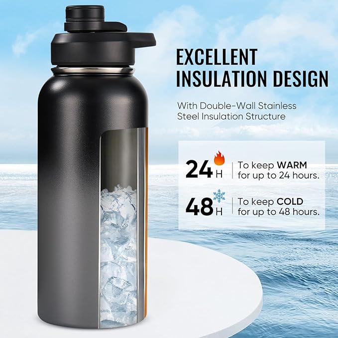 Fijinhom 32 oz Insulated Water Bottle with Handle, 304 Stainless Steel Water Bottles with Wide Mouth, Double Wall Vacuum Sports Water Bottle, BPA Free, Keep Cold and Hot, Black/Gray