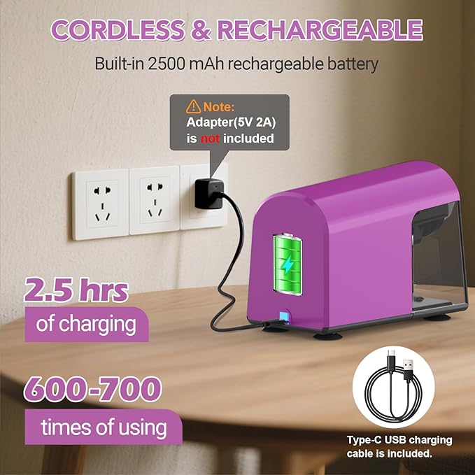 AFMAT Electric Pencil Sharpener for Classroom, 6 Holes, Cordless & Rechargeable, Fast Sharpen, Auto Stop, 10K+ Uses, Heavy Duty Pencil Sharpener for 6-11mm No.2/Large/Colored Pencils PSD2(Purple)