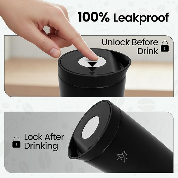12oz Travel Coffee Mug Tumbler Insulated Stainless Steel Coffee Cup with Leakproof Lid for Hot and Cold Drinks BPA Free Reusable Mug Dishwasher Safe Cup Holder Friendly, Black