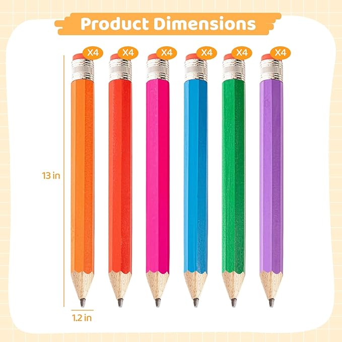 OMISTAR 24 PCS Giant Pencils for Kids Adults, 13 Inch Wooden Jumbo Pencil with Eraser and Protective Cap, Big Novelty Pencil Prop for Classroom and Home