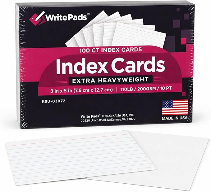 Heavyweight 3x5 Index Cards, Extra Thick Note Cards, Front Lined Back Blank Flash Cards, 110lb / 200gsm / 10pt Cardstock, 100 Sheets, Made in USA, for Studying, Classroom, Office Notes & Organization