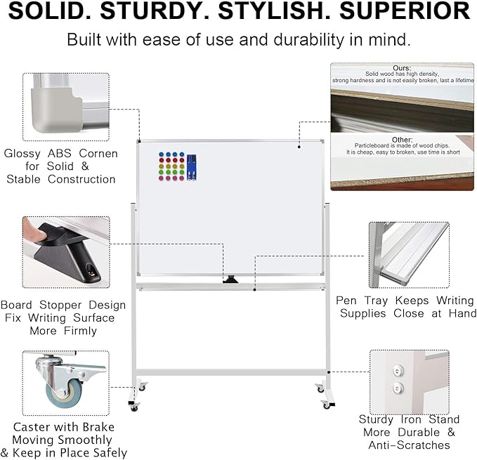 Mobile Whiteboard on Wheels, 48"x36" Double-Sided Magnetic Dry Erase Board - Flipchart Easel for Office, Classroom & Home, Rolling Stand with Easy Flip Feature