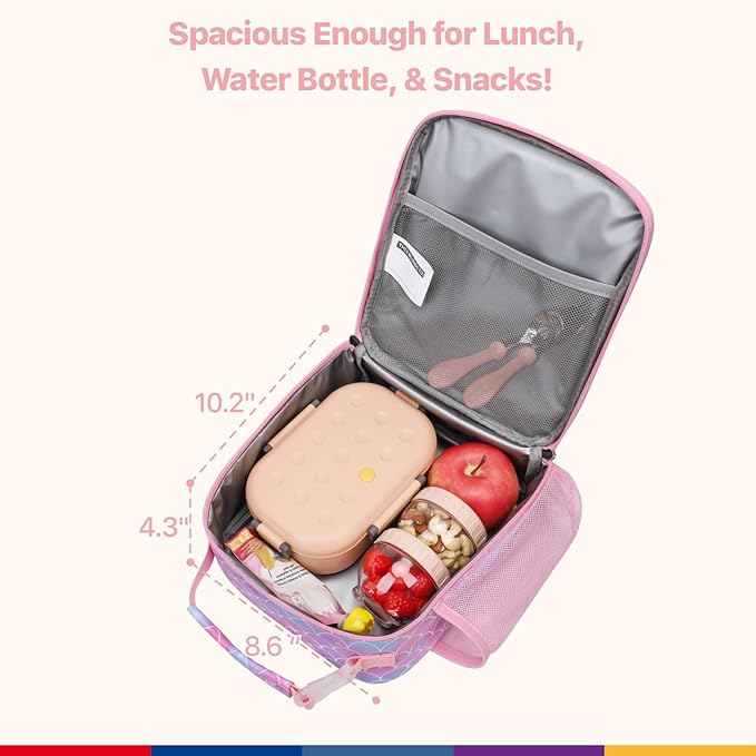Bagseri Kids Lunch Box for Girls - Insulated Toddler Lunch Bag Fits Bento Box, Reusable Daycare Cooler Tote with Clip Handle, Water-Resistant Lining, Glitter Pink Mermaid