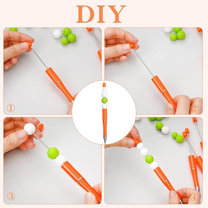 jiebor 30Pcs Beadable Pens Plastic Bead Ballpoint DIY Cute Cool Pens Black Ink for Women Men Bridal Graduation Gift Office Supplies Orange
