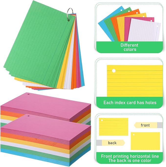 Leelosp 300 Pcs Colored Ruled Index Cards with 6 Rings 180 Gsm Thick Neon Color Study Flash Cards Single Hole Punched Lined Flashcards Studying Notecards One Side for Study(5 x 8 in,Fresh Color)