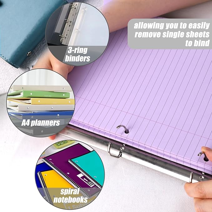 HIBOX Purple Loose Leaf Paper, 100 Sheets 8"x10.5" Colored Notebook Paper, 3-Hole Punched for 3-Ring Binders Notebook, School & College, Fights Ink Bleed, Office Planners
