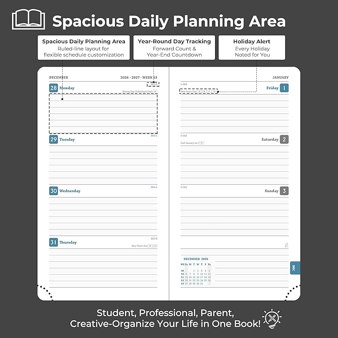 Planner 2026-2027 Daily Weekly and Monthly,6.5"x3.75",18 Months Spiral Bound Calendar Agenda with Self-adhesive Pen Holder,2026 Academic Plan with Vegan Leather Soft Cover,Black