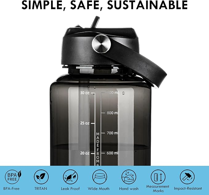 OLDLEY 32 oz Clear Water Bottle with Straw,Tritan BPA-Free, Wide Mouth, Leak Proof - for Gym, Travel, Home, School, Office (Black)