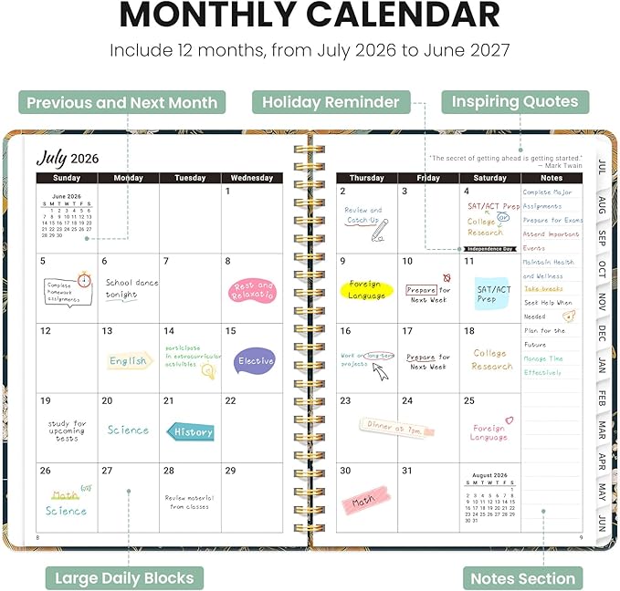 Planner 2026-2027, Monthly and Weekly Academic Planner July 2026 - June 2027, Hardcover Student Teacher Planning Agenda Calendar Book with Tabs, Perfect for Office School Supplies, A4 (8.5" x 11") - Citrus Bloom