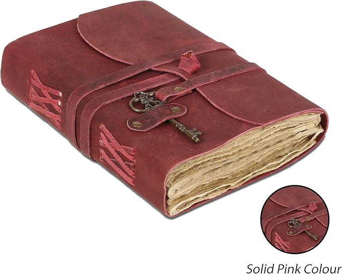 Leather Journal with Unlined Deckle Edge Paper 8x6 inch and Vintage Key | Handmade Writing Notebook Diary | Bound Daily Notepad for Men & Women Medium, Sketch/Writing pad for Artists