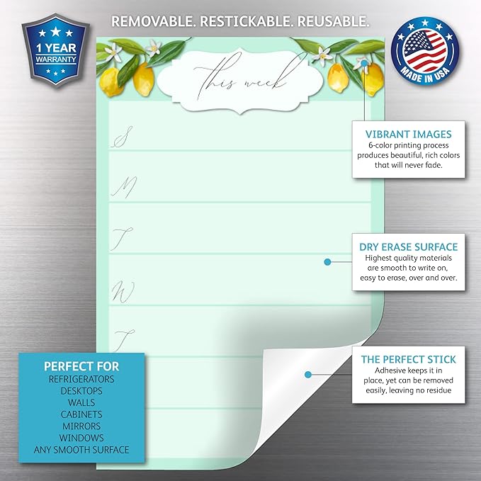 Dry Erase Weekly Calendar Planner Sticker Decal | Removable & Reusable | Magnetic Fine-Tip Marker Included (6 x 9 inches, Vintage Lemon)