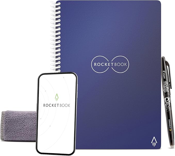 Rocketbook Core Reusable Spiral Notebook, Executive Size 6x8.8, Navy Blue - Dotted Pages, App-Connected, Erasable, Durable Cover, Ideal for School, Work, and Creative Projects