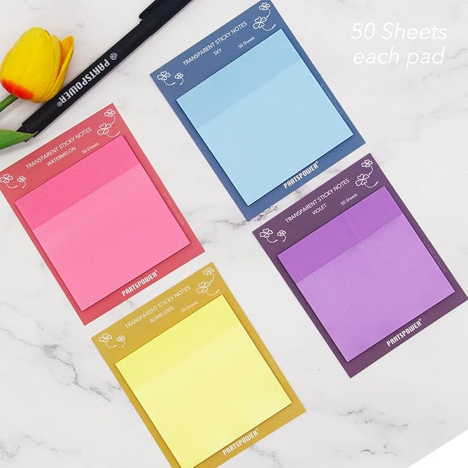 PARTSPOWER Super Transparent Sticky Notes, Jewel Tones 4 Packs 3X3 Inch See Through Annotating Sticky Notes for Annotating, Bible Study Supplies, Office School Supplies - Hot Kisses Series