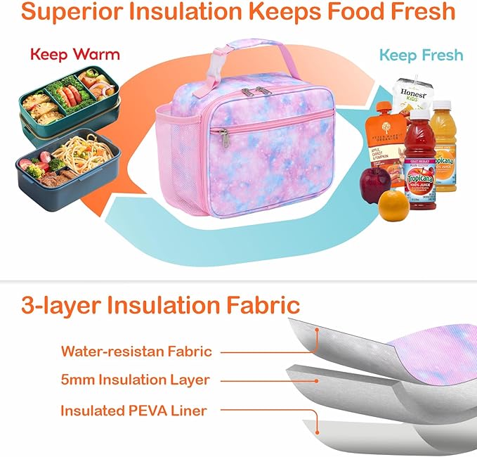 Bagseri Kids Lunch Bag Girls - Thermal Insulated Lunch Box Tote with Water Bottle Holder, Reusable Leak-Proof Kids Lunch Box for Daycare & School, Pink Tie-dye (Containers Not Included)