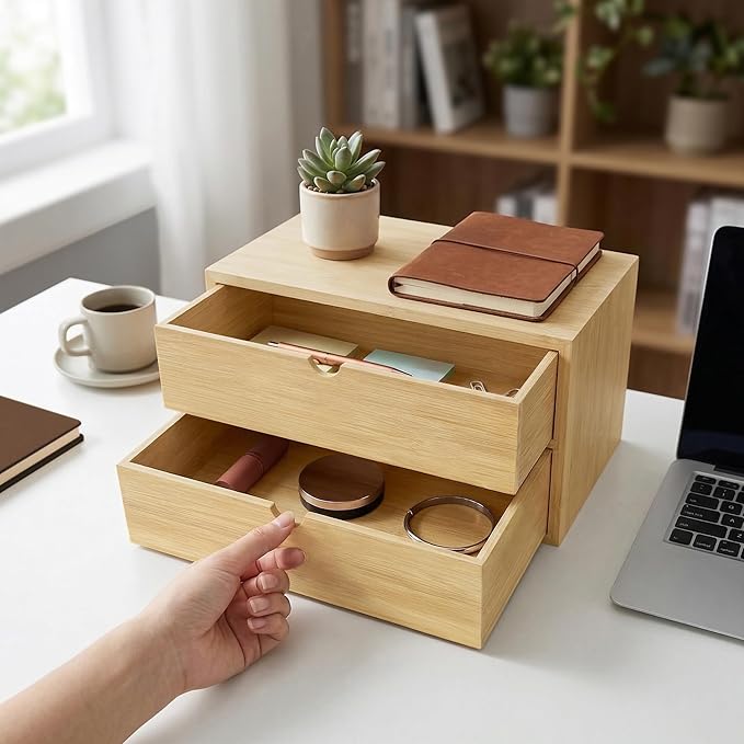 Bamboo Desk Organizer with 2 Drawers, Desktop Drawers Wooden Storage Box 13.4 x 7.1 x 7.5 Inches Countertop Organizer for Office Supplies, Solid Wood Tabletop Drawer No Assembly Required