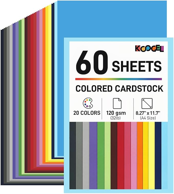 Koogel 60 Sheets Colored Craft Paper, 8.27" x 11.7" (A4 Size), 20 Assorted Colors, 120gsm/32lb Lightweight Cardstock for Kids Crafts, Origami, Printing & Holiday Decorations