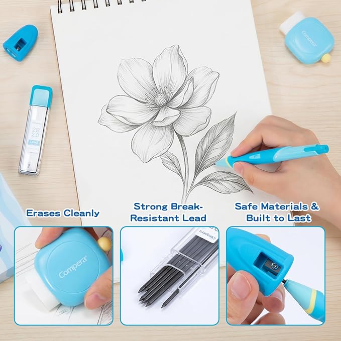 Ergonomic Pencil Set, 2.0mm HB Mechanical Pencils for Kids, School Supplies Include Sharpener, Eraser & 6 Extra Leads – Handwriting Aid for Preschool, Kindergarten, Homes, Blue, L