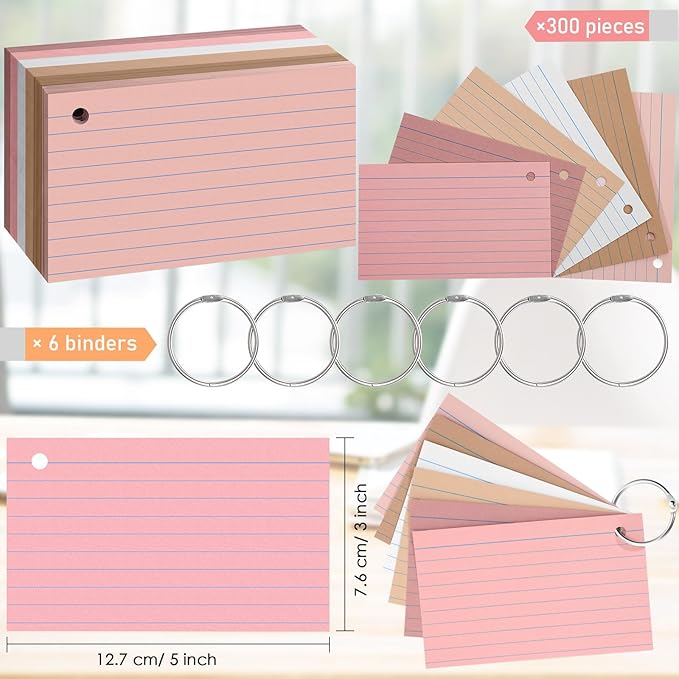 Epakh 300 Pieces Lined Index Cards 180 GSM Thick Flash Cards with Rings Notecards Punched Back to School for Studying Adults Home College Office(3 x 5 Inch,Dark Pink Brown Series)