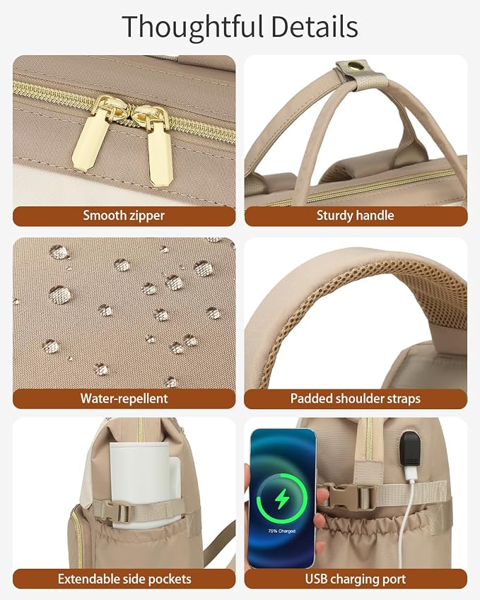 Laptop Backpack for Women, College Bookbag School Backpack for High School Teen Girls, Work Bags with Cup Holder & USB Charger for Teacher Nurse Travel, Beige Khaki