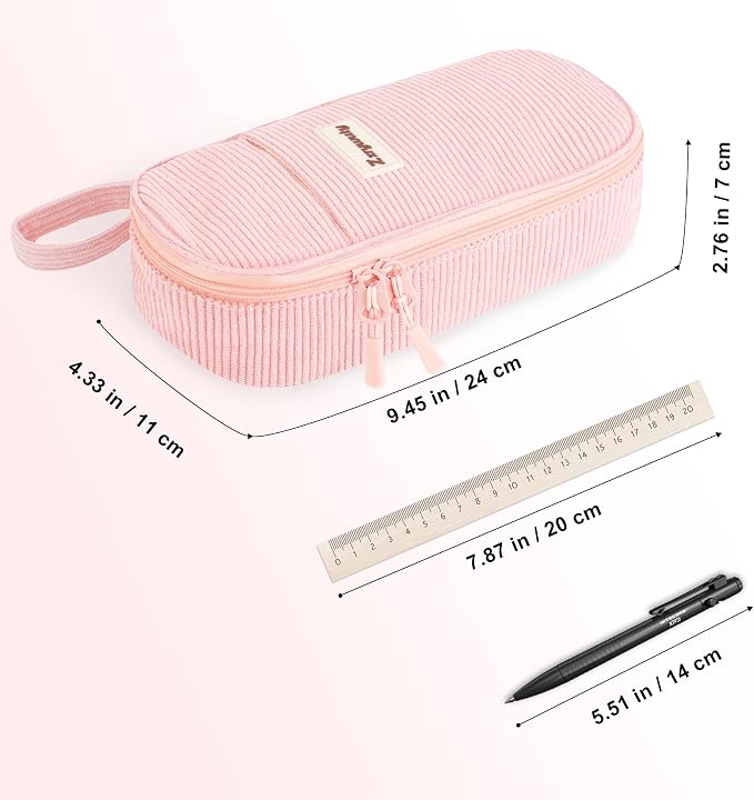 Zzrywuty Pink Aesthetic Pencil Case, Large Capacity Soft Corduroy Stationery Pouch with Handle, Wide Opening Cute Bag & Organizer for School Girls, Teens, Adults
