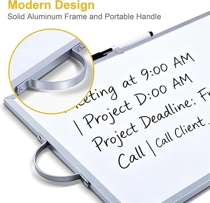 Small White Board,16"X12"Portable Aluminum Frame Whiteboard, Magnetic Double Sided Dry Erase Board, with A Handle and Side Pen Clip,for Office, Home,School,Includ 4 Magnets,1 Eraser,1 Marker (Silver)