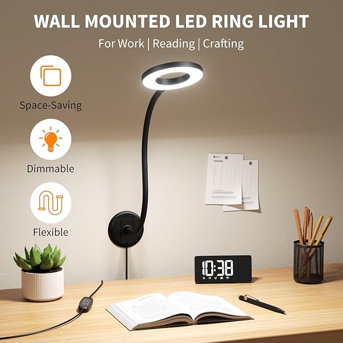 Reading Light Wall Mounted for Book in Bed at Night,Reading Lamp for Bedroom,Bedside,Headboard,Eye Care 5 Color & Brightness Adjustable, 360 Flexible Gooseneck, 2Units