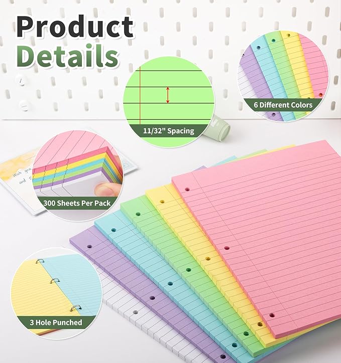 300 Sheets Loose Leaf Binder Paper, 6-Color Wide Ruled Lined Paper, 8” x 10.5”, 3-Hole Punched Notebook Paper Writing Paper for School Office
