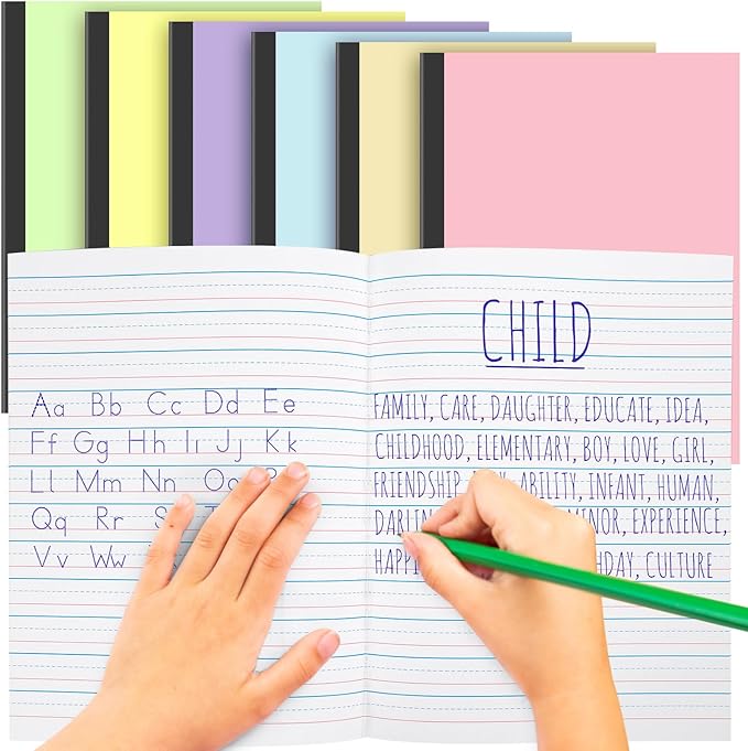 Henoyso 6 Pcs Primary Composition Notebook K-2, Wide Ruled 9.75" x 7.5" Journals, 60 Pages, Writing & Handwriting Practice for Kindergarten, 1st & 2nd Grade, Back to School Supplies (Bright Color)