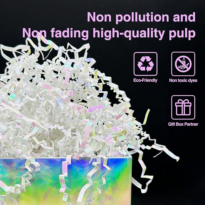 1LB Iridescent Crinkle Cut Paper Shred Filler for Gift Box Bag and Basket On Holidays(Diamond White)