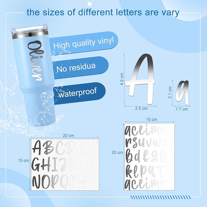UV DTF Cup Wrap Letter Stickers Vinyl Decals,Silver,6 Sheets | Personalized Name Stickers for Water Bottles Tumblers, Waterproof UV DTF Alphabet A-Z Stickers for 14-40oz Mugs DIY Craft