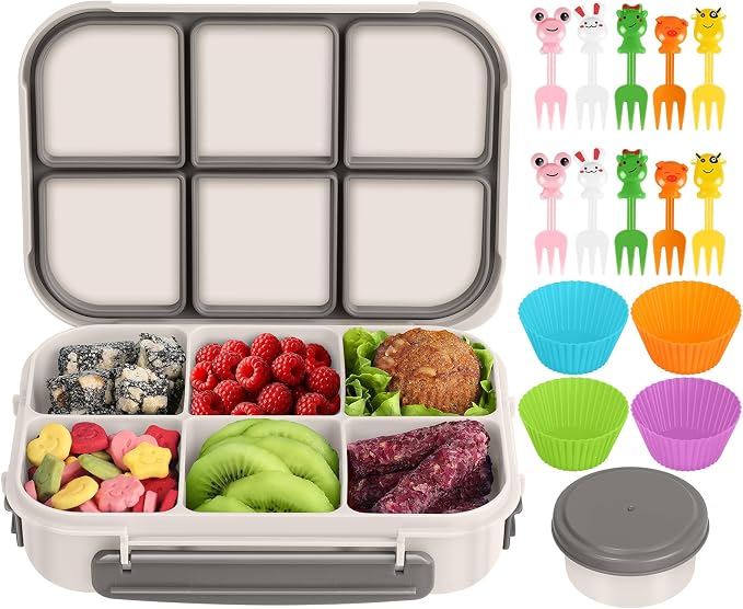 Amathley Lunch Box Kids Girls Boys,Bento Box Adult,Toddler Lunch Containers for School,Leakproof Snack Containers with 6 Compartments,Sauce Container,10 Food Picks and 4 Muffin Cups (White)