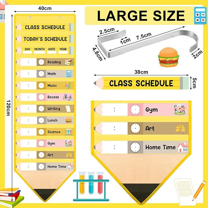 Fullhawl 45 Pcs Pencil Theme Daily Schedule Pocket Chart for Classroom, 13+1 Pockets Kids Schedule Teaching Scheduling Pocket Chart with Cards for Back to School Classroom Decoration