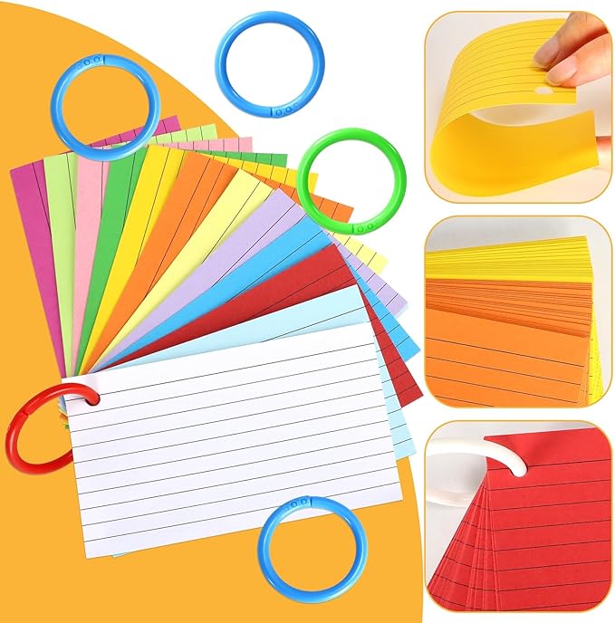 Tecmisse 1200 PCS Colorful Index Cards with Rings, Colored Flash Cards with Rings, 3 x 5 Inch Ruled Note Cards Flashcards Study Cards Notecards for Learning and office Supplies, 12 Colors