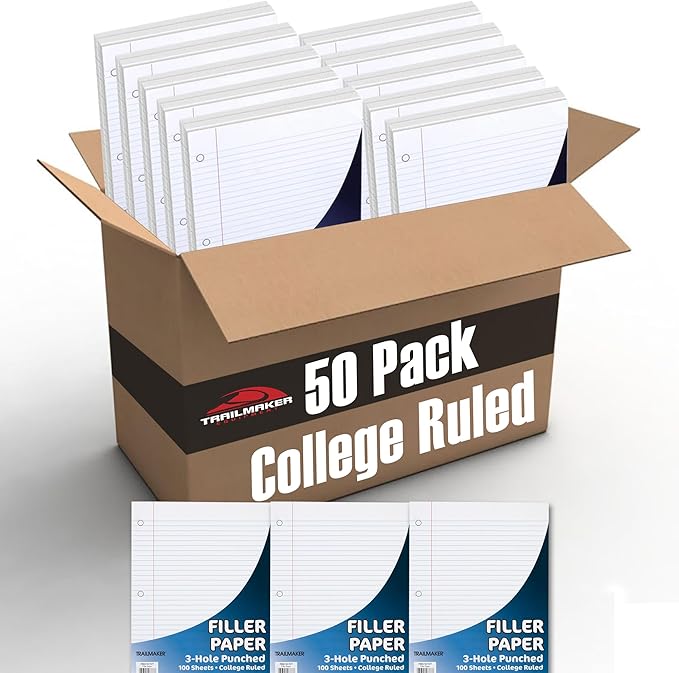 Trail Maker (50 Pack) Bulk Filler Paper College Ruled, 8 x 10-1/2 Inch College Ruled Paper, 3 Hole Punch, Loose Leaf Notebook Paper for 3 Ring Binders, 5000 sheets total