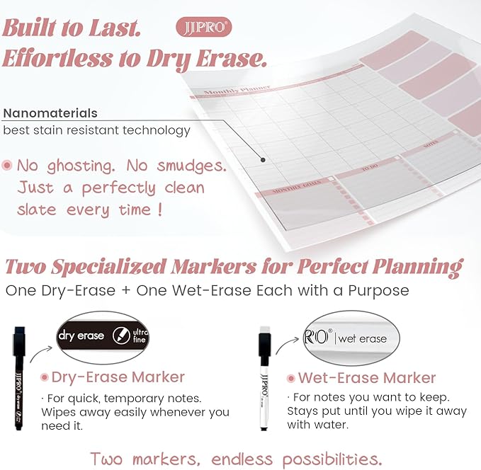 JJPRO Dual-Layer Pink Dry Erase Desk Mat,Large Multi-Use Dry Erase Desk Calendar, Erasable Desk Mat,Double-Sided Faux Leather Desk Pad,Reusable Desk Writing Board for Office, Home-16"x34"